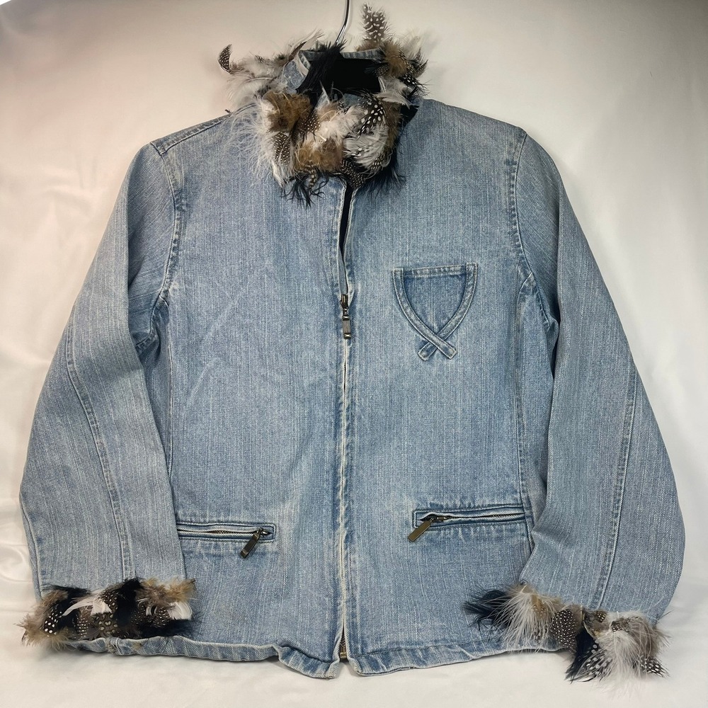 Relativity Petite Upcycled Denim Jacket Light Wash Feather Trim Blue Size PL